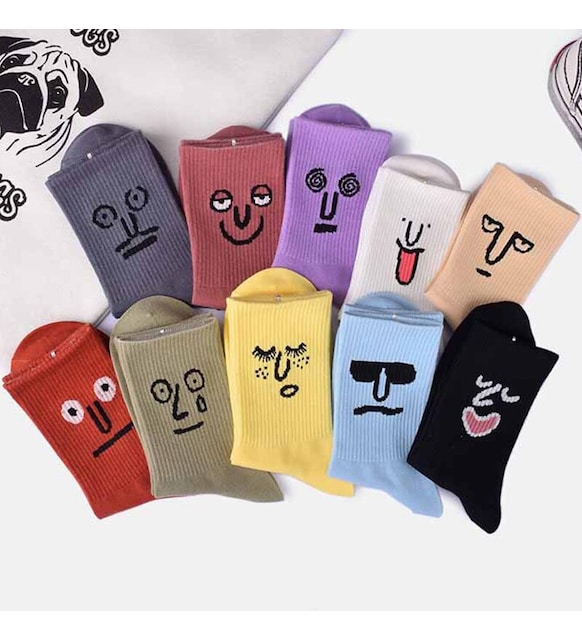 10'lu Unisex Yumuşacık-Dikişsiz Renkli Yüz Desenli Tenis Çorap